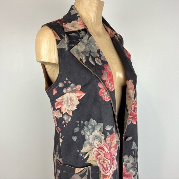 Anthropologie Solitaire Boho faux suede Long Line Sleeveless Floral Vest M - Picture 2 of 10